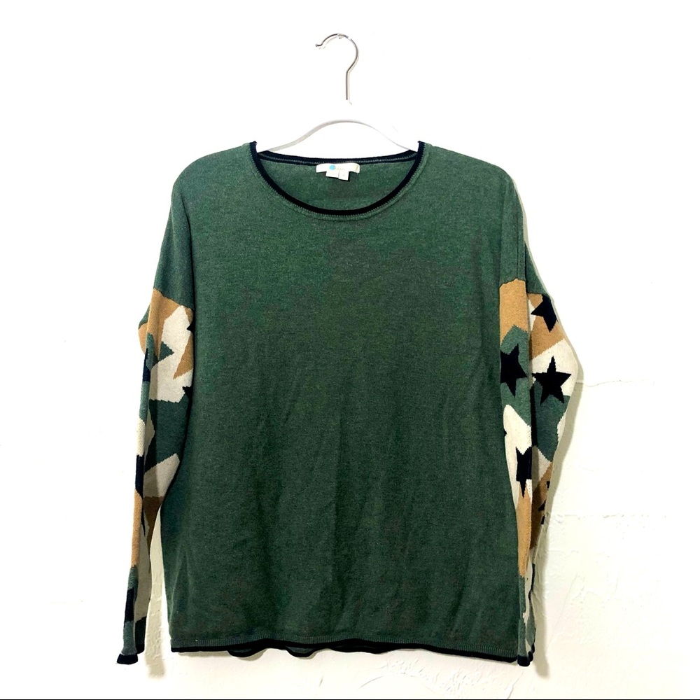 Boden Star Print Sleeve Wool Blend Green Sweater Womens Medium Cozy Novelty